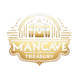 Logo of ManCave Treasury featuring a stylized treasure chest with the monogram 'MCT' on the chest lid, surrounded by stars and rays. The words 'MANCAVE TREASURY' are prominently displayed below in a golden, decorative font, evoking a sense of luxury and exclusivity