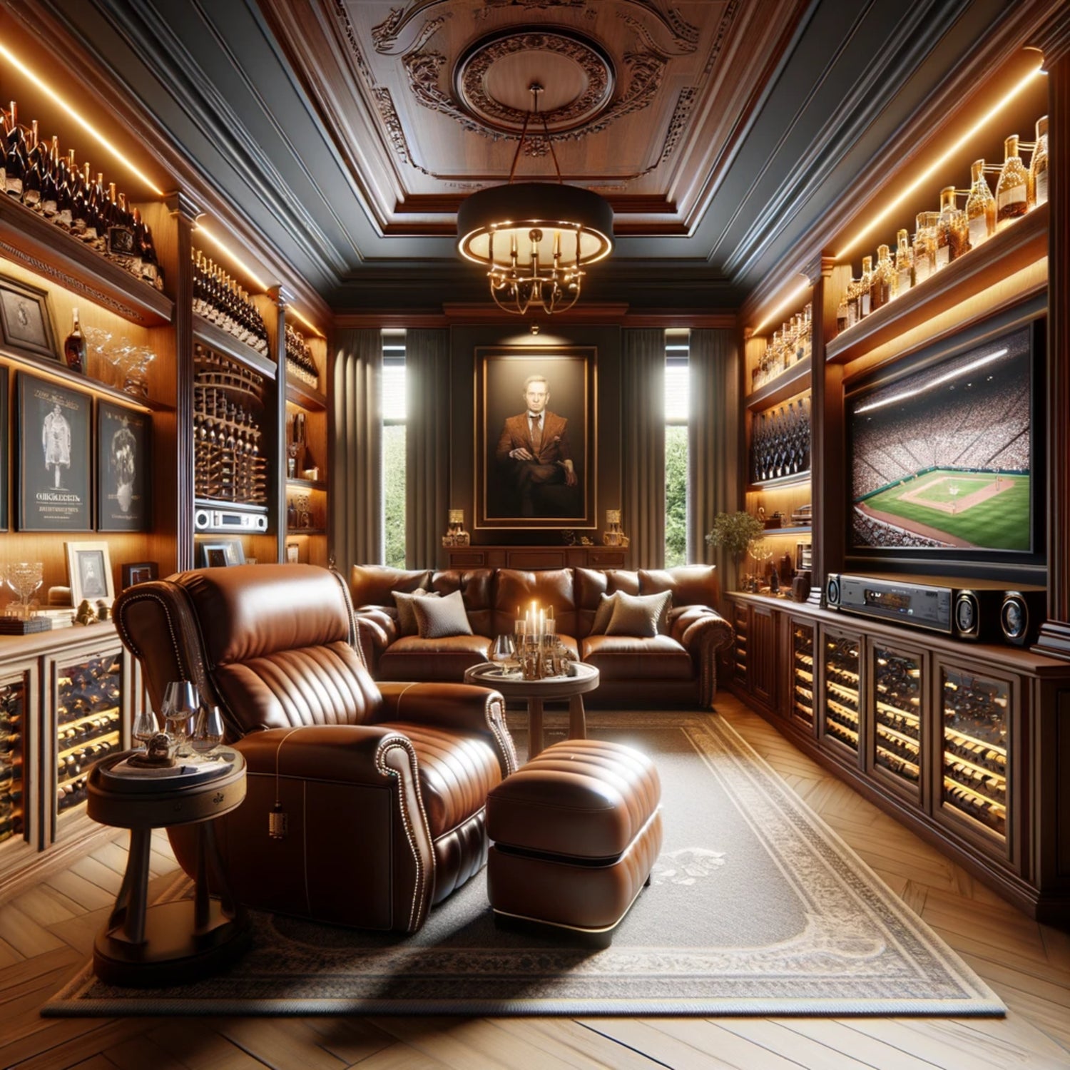 Opulent Man Cave with Leather Recliners, Wine Storage, and Sports Memorabilia from ManCaveTreasury